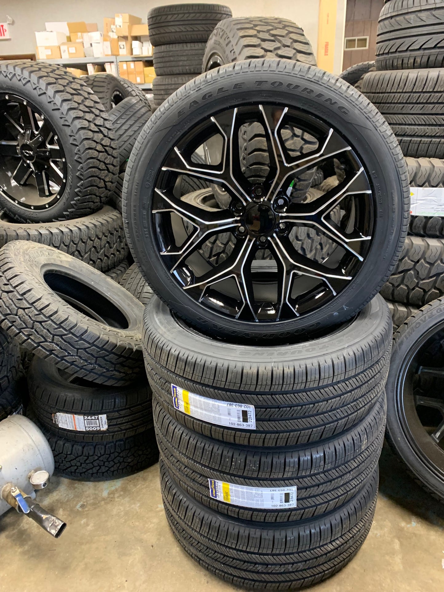 22" Black and Milled Snowflake Wheels with Goodyear Touring Tires 285/45/22