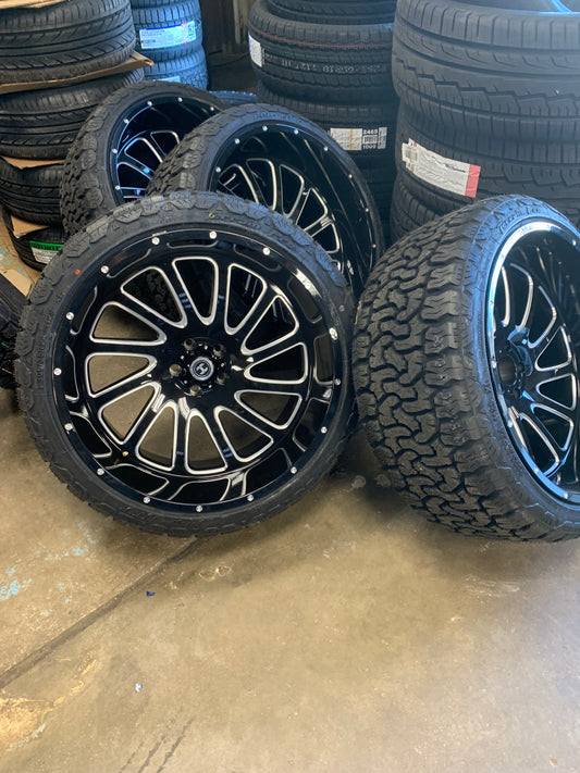 Hardcore Off-road 24x12 -44mm Offset Black 5 Lug 5x5 Jeep With AMP 305/35/24 All Terrain Tires