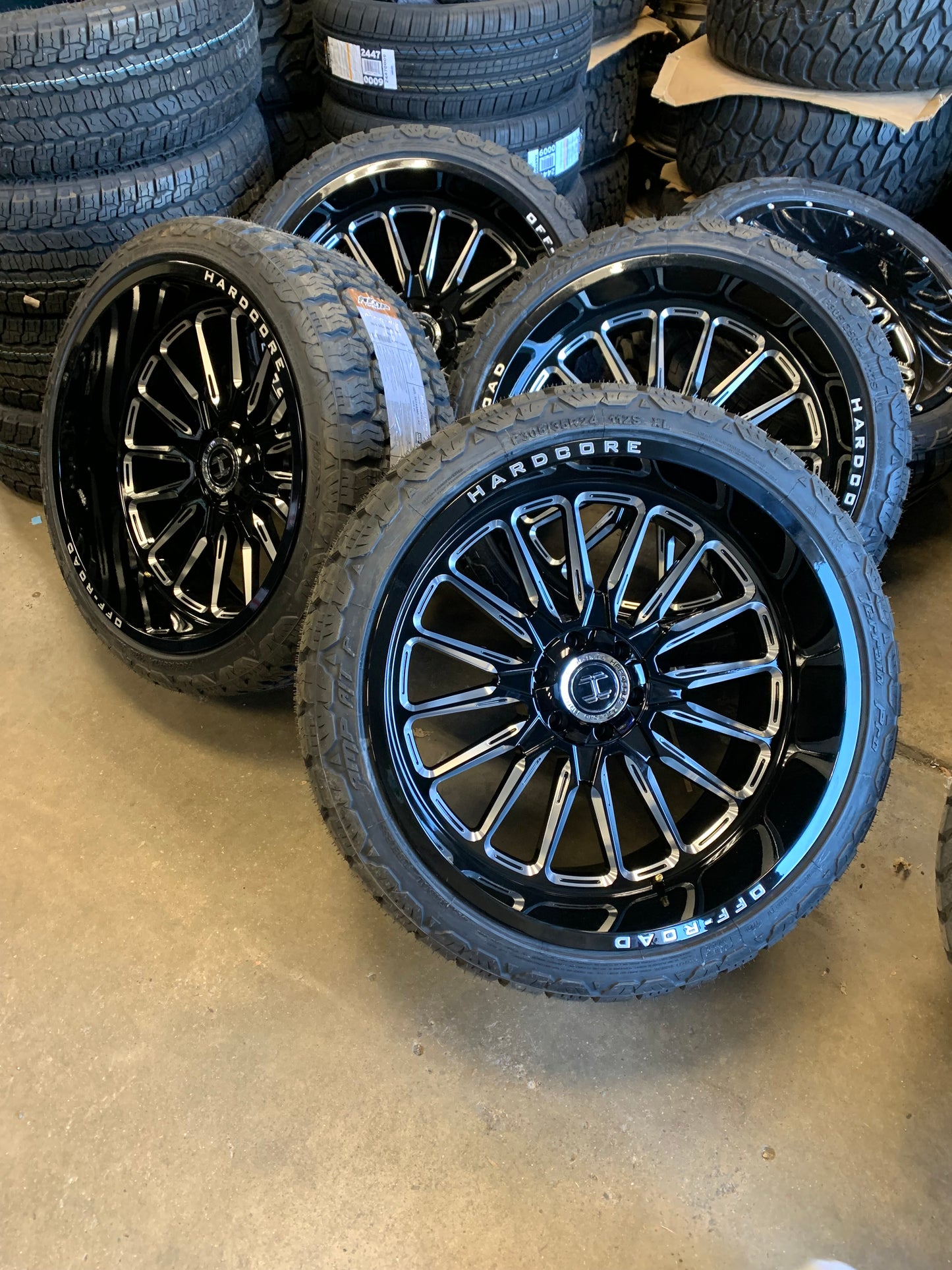 Hardcore 24x12 Black -44mm Offset 6x5.5 Chevy 6 Lug With AMP 305/35/24 All Terrain Tires