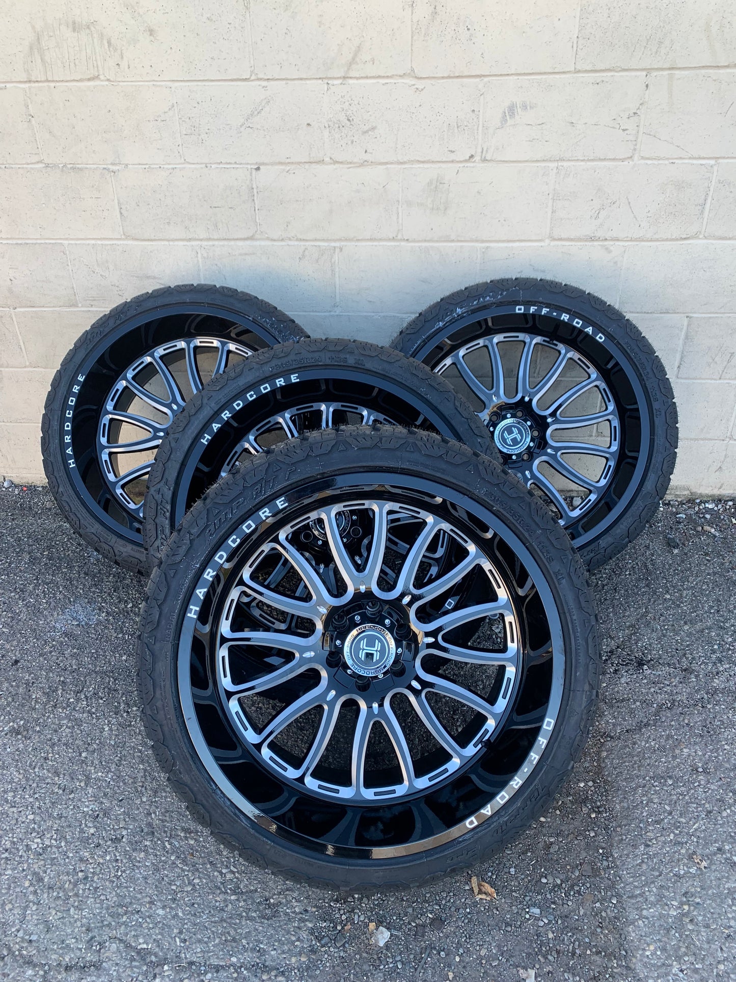 Hardcore 24x12 -44mm Offset Black Chevy/Dodge 1500 Ford F150 6 Lug 6x5.5 6x135 with AMP 305/35/24 AT Tires