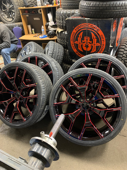 Chevy/Dodge 1500 Snowflake Black and Red 26" with 295/30/26 Advanta Tires