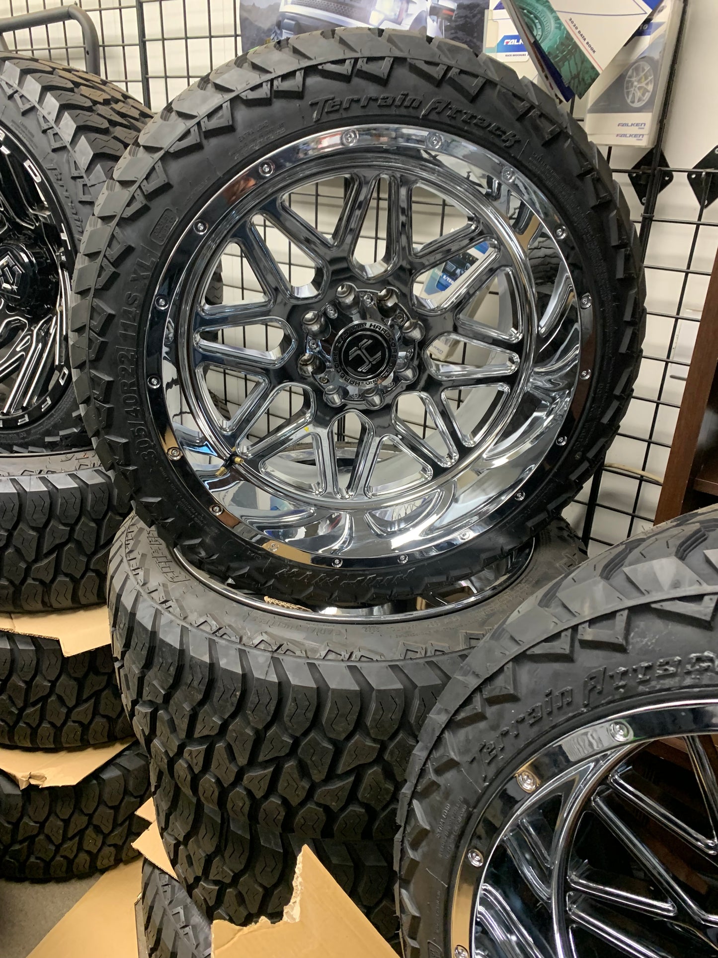 Hardcore 22x12 -44mm Offset 6x5.5 Chevy 6 Lug Chrome With AMP 305/40/22 All Terrain Tires