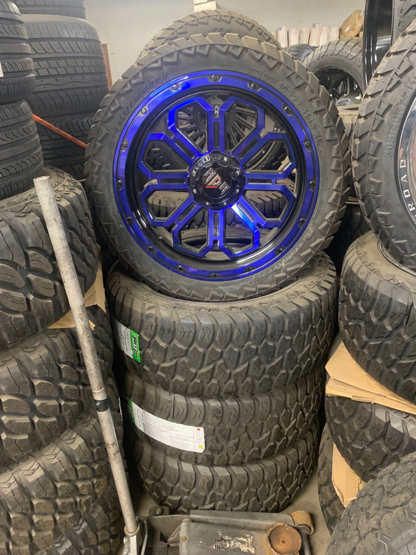 RDR Off-road Blue 22x12 -19mm Chevy/Ford 5 Lug with AMP 305/40/22 All Terrain Tires