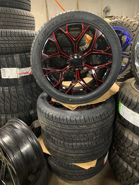 22" Black and Red Snowflake Chevy/Dodge/GMC/Cadillac 6 Lug with 285/45/22 All Season Tires with Sensors