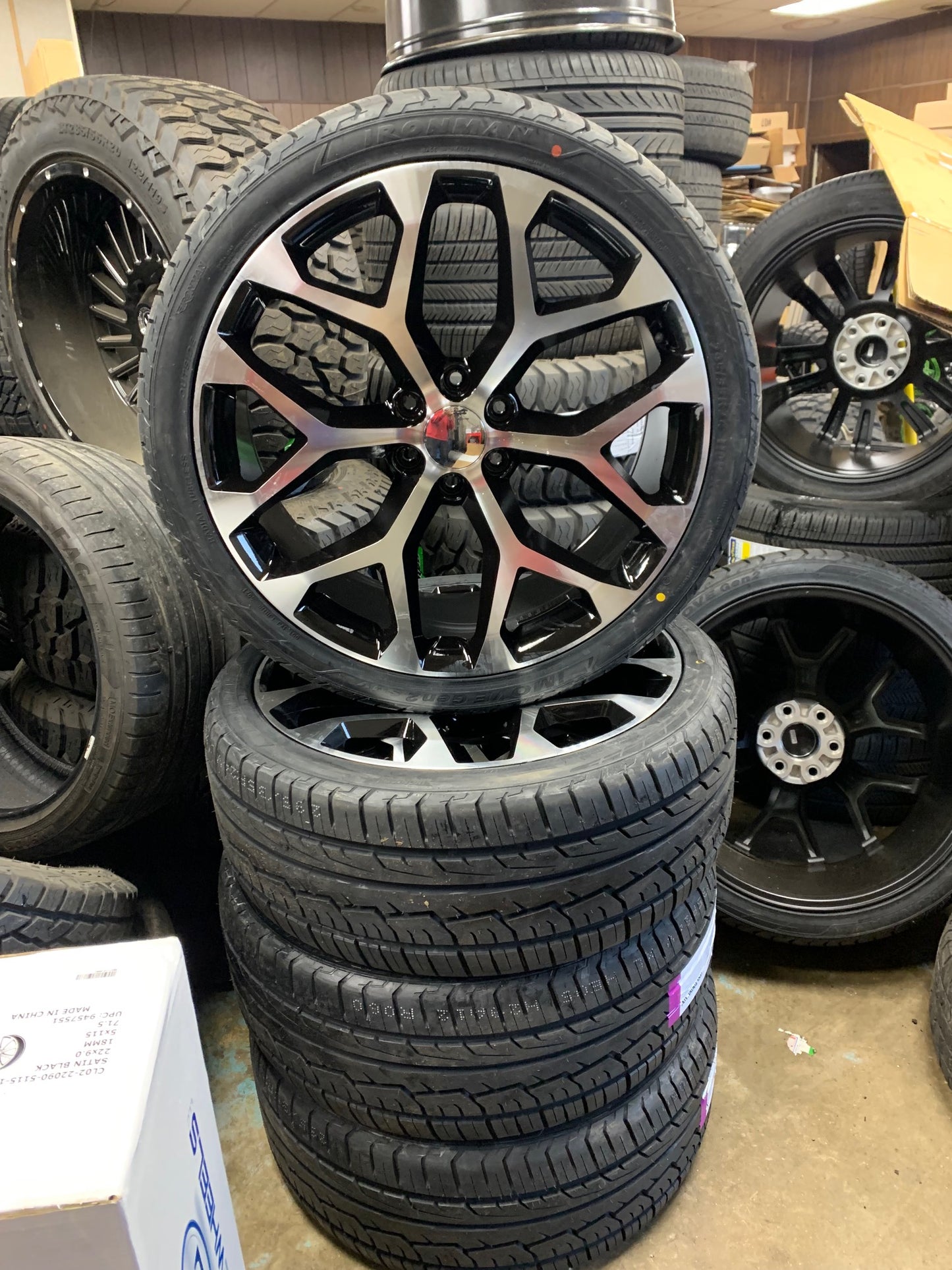 24" Snowflake Black and Machined Chevy GMC 6 Lugs with Ironman Tires