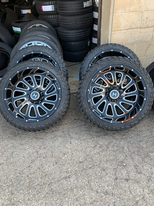 Hardcore 22" 8x6.5 Black and Milled with 305/40/22 AMP All Terrain Tires