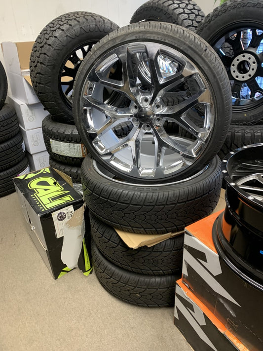 Chevy 6 Lug Chrome Snowflakes 26" With Tires